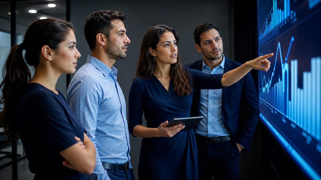 Equipe da Orbis discutindo indicadores diante de um painel na parede