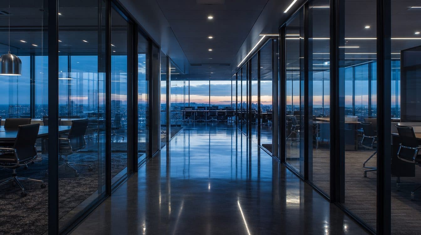 Corredor do escritório da Orbis ao entardecer, com divisórias de vidro